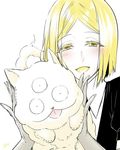  androgynous blonde_hair blush elbow_gloves f.w.zholic gem_uniform_(houseki_no_kuni) gloves houseki_no_kuni shiro_(houseki_no_kuni) shirt short_hair signature smile stuffed_toy white_background white_shirt yellow_diamond_(houseki_no_kuni) yellow_eyes 