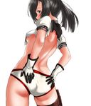  akizuki_(kantai_collection) ass bare_back black_hair breasts from_behind gloves highres kantai_collection long_hair looking_at_viewer multicolored multicolored_clothes panties ponytail sailor_collar small_breasts solo tama_(seiga46239239) torn_clothes underwear white_background yellow_eyes 