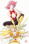  2018 2girls armband blonde_hair boots breasts choker cleavage closed_eyes commentary_request cutie_honey cutie_honey_(character) eyes_visible_through_hair gloves hairband heart highres kisaragi_honey kujira_gunsou large_breasts lips long_hair lying magical_girl multiple_girls on_back open_mouth pink_eyes pink_hair short_hair sword weapon 