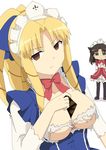  apron between_breasts black_hair blonde_hair breast_envy breasts drill_hair empty_eyes fate/hollow_ataraxia fate/kaleid_liner_prisma_illya fate_(series) gobanme_no_mayoi_neko highres large_breasts long_hair luviagelita_edelfelt maid maid_apron maid_headdress multiple_girls toosaka_rin torn_clothes twintails 