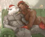  2017 5_fingers abs anthro biceps biped black_nose brown_fur brown_hair bulge canine christmas clothed clothing digital_media_(artwork) duo ears_back equine eye_scar eyes_closed facial_scar fur grey_fur grey_nipples hair hat holidays holly_(plant) horse kissing male male/male mammal multicolored_fur muscular muscular_male nipples pecs plant pointy_ears red_bottomwear red_clothing red_underwear santa_hat scar sitting snout sofa tattoo thong topless two_tone_fur underwear white_fur wolf zorro_re 