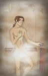  1boy blue_eyes blush brown_hair jim_hawkins looking_at_viewer nude rat_tail shower smile solo solo_focus steam treasure_planet wet 