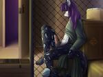 2018 anthro big_penis bottomless clothed clothing digital_media_(artwork) erection feline fur hair hi_res leopard long_hair male mammal masturbation partially_clothed penis purple_eyes purple_hair sidnithefox smaller_version_at_source snow_leopard solo 