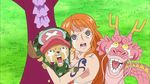  1girl 3boys age_difference bare_shoulders bikini breasts brook child dragon grass hugging long_hair momonosuke_(one_piece) multiple_boys nami_(one_piece) necklace one_piece open_mouth reindeer scared screencap tattoo tears teeth together tongue tony_tony_chopper 