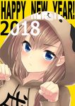  2018 :&lt; absurdres animal_hood aonegi bangs blue_eyes blush brown_hair close-up closed_mouth dog_hood drawstring eyebrows_visible_through_hair face hands_up happy_new_year highres hood hood_up hoodie long_hair long_sleeves looking_at_viewer new_year original paw_pose simple_background solo translation_request upper_body yellow_background 