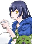 1girl artist_request bandai blush breasts digimon digimon_story:_cyber_sleuth_hacker&#039;s_memory female long_hair looking_at_viewer mishima_erika pillow shiny solo wormmon yellow_eyes 