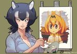  2017 :d afro alternate_hairstyle artist_name bangs black_hair blue_eyes blue_shirt bob_ross breasts canvas_(object) cleavage collarbone collared_shirt dated eyebrows eyebrows_visible_through_hair eyelashes fingernails gradient_hair green_background grey_wolf_(kemono_friends) hair_between_eyes heterochromia holding holding_paintbrush kemono_friends korean long_hair looking_at_viewer medium_breasts multicolored_hair open_mouth paint paintbrush parody roonhee serval_(kemono_friends) shirt simple_background smile style_parody tatsuki_(irodori)_(style) the_joy_of_painting tsurime two-tone_hair upper_body white_hair yellow_eyes 