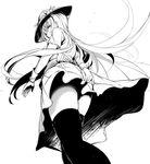  from_below gloves greyscale hat highres hinanawi_tenshi kyokucho long_hair monochrome simple_background skirt solo thighhighs touhou white_background 