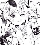  ;) animal_ears blush bracelet circlet elbow_gloves eyebrows_visible_through_hair gloves golden_snub-nosed_monkey_(kemono_friends) greyscale holding jewelry kemono_friends kurisu_sai long_hair looking_at_viewer monkey_ears monochrome one_eye_closed shikishi simple_background smile solo tail traditional_media white_background 