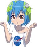  artist_request brown_eyes earth-chan hair_ornament highres looking_at_viewer nasa_logo off_shoulder original simple_background solo upper_body 