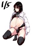  1girl areolae black_hair black_stockings breasts breasts_outside fubuki_(one-punch_man) full_body fur_coat green_eyes huge_breasts kneeling long_gloves looking_at_viewer necklace nipples panties parted_lips sagging_breasts solo sweat thighhighs underwear 