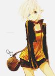  angryspidercat artist_name bag black_choker black_jacket black_shorts blonde_hair blue_eyes choker creator_(dungeon_and_fighter) dress dungeon_and_fighter eyewear_removed glasses jacket pointy_ears shorts white_background yellow_dress 