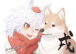  2018 :d animal_ears bangs chinese_zodiac commentary_request dog fang hakuro109 hat highres inubashiri_momiji new_year one_eye_closed open_mouth orange_eyes red_hat red_scarf ribbed_sweater scarf shiba_inu short_eyebrows short_hair simple_background smile solo sweater thick_eyebrows tokin_hat touhou white_background white_hair white_sweater wolf_ears year_of_the_dog 