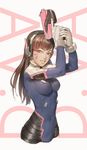  bangs blue_bodysuit bodysuit breasts brown_eyes brown_hair character_name commentary covered_navel cropped_legs d.va_(overwatch) gloves gun handgun hands_up headphones highres holding holding_gun holding_weapon looking_at_viewer medium_breasts overwatch parted_lips pistol smile solo standing tim_loechner trigger_discipline two-handed weapon whisker_markings white_gloves 