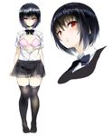  black_hair black_legwear highres kyokucho looking_at_viewer multiple_views open_clothes open_shirt original red_eyes school_uniform shirt short_hair simple_background skirt thighhighs white_background zettai_ryouiki 