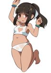  arm_up armpits bangs bare_legs bare_shoulders barefoot blunt_bangs blush bra bracelet breasts brown_eyes brown_hair collarbone dark_skin eyebrows_visible_through_hair full_body hair_ribbon heart high_ponytail highres jewelry long_hair looking_at_viewer navel original panties parted_lips ponytail ribbon sidelocks simple_background small_breasts solo toy_box-r training_bra underwear underwear_only white_background white_panties white_ribbon 