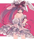  animal_ears bare_back bare_shoulders bow bunny_ears bunny_tail choker closed_mouth detached_sleeves di_gi_charat dress hair_bow hiyo_moo long_hair looking_back petticoat pink_background pink_dress pink_hair profile red_bow simple_background smirk solo tail usada_hikaru very_long_hair 