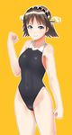  30-06 black_swimsuit blue_eyes brown_hair competition_swimsuit cowboy_shot flipped_hair hairband headgear hiei_(kantai_collection) highleg highleg_swimsuit highres kantai_collection looking_at_viewer one-piece_swimsuit raised_fist short_hair simple_background smile solo standing swimsuit yellow_background 