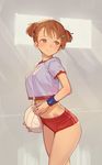  bangs blush brown_eyes brown_hair buruma commentary crop_top gym_shorts hair_ornament hairclip highres legs looking_away midriff red_buruma red_shorts short_hair short_twintails shorts simple_background smile solo standing stomach sweatband thick_thighs thighs tim_loechner twintails underwear volleyball window 