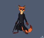  2016 assault_rifle barefoot canine clothed clothing crossover cyberpunk disney eyewear fighting_stance fox fur grey_background gun hi_res holding_object holding_weapon mammal nick_wilde orange_fur ranged_weapon rifle signature simple_background solo standing sunglasses thatotherwhaleoil the_matrix trenchcoat weapon zootopia 