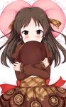  bangs bed_sheet blush brown_eyes brown_hair brown_hat brown_ribbon brown_shirt brown_skirt covered_mouth crossed_arms eyebrows_visible_through_hair hair_ribbon hat hat_hug hat_removed headwear_removed heart heart_pillow idolmaster idolmaster_cinderella_girls juliet_sleeves long_sleeves looking_at_viewer lying nyatrix on_back pillow plaid plaid_ribbon puffy_sleeves ribbon shirt skirt sleeves_past_wrists solo tachibana_arisu 