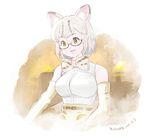  2017 animal_ears artist_name bangs bare_shoulders belt belt_buckle black-framed_eyewear black_belt black_hair bow bowtie breasts buckle cat_ears dated elbow_gloves eyebrows eyelashes glasses gloves head_tilt high-waist_skirt kemono_friends korean large_breasts light_brown_hair margay_(kemono_friends) margay_print multicolored_hair open_mouth roonhee semi-rimless_eyewear shirt short_hair skirt sleeveless sleeveless_shirt solo two-tone_hair under-rim_eyewear upper_body white_shirt yellow_eyes 