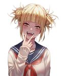  :d bangs blonde_hair blunt_bangs blush boku_no_hero_academia breasts cardigan commentary double_bun eyebrows_visible_through_hair fan half-closed_eyes highres long_sleeves looking_at_viewer medium_breasts open_mouth sailor_collar school_uniform serafuku short_twintails simple_background smile solo tight_(ohmygod) toga_himiko twintails v white_background 