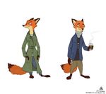  2016 absurd_res autumn beverage canine clothing coffee coffee_cup disney fox fur hands_in_pockets hi_res holding_object jacket looking_away mammal nick_wilde open_jacket orange_fur pants scarf shirt signature simple_background standing t-shirt thatotherwhaleoil trenchcoat white_background winter zootopia 
