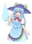  alternate_hair_length alternate_hairstyle apron blue_hair bow bowtie collared_shirt cosplay dot_nose dress eyebrows_visible_through_hair food food_on_head fruit fruit_on_head garasuita hair_between_eyes hat heterochromia highres hinanawi_tenshi hinanawi_tenshi_(cosplay) long_hair looking_at_viewer object_on_head peach shirt short_sleeves smile tatara_kogasa tongue tongue_out touhou 