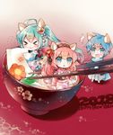  &gt;_&lt; 2018 2girls :3 ahoge animal_ears aqua_eyes aqua_hair blue_hair bowl chestnut_mouth chibi chopsticks commentary_request eating flower food hair_flower hair_ornament hairband happy_new_year hatsune_miku highres in_bowl in_container in_food japanese_clothes kaito kimono long_hair megurine_luka miniboy minigirl mochi multiple_girls new_year niwako pink_hair scarf soup sweatdrop very_long_hair vocaloid wavy_mouth zouni_soup 