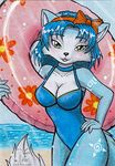  2013 anthro beach big_breasts blue_fur bow_tie breasts canine cleavage clothed clothing female fox fur hair inner_tube krystal looking_at_viewer mammal nintendo one-piece_swimsuit seaside smile solo star_fox swimsuit vani-fox video_games white_fur 