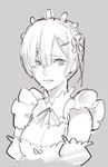  bangs blunt_bangs breasts cleavage commentary crying crying_with_eyes_open detached_sleeves grey_background greyscale hair_ornament hairclip large_breasts lips looking_at_viewer maid monochrome neck_ribbon parted_lips re:zero_kara_hajimeru_isekai_seikatsu rem_(re:zero) ribbon short_hair simple_background sketch solo tears tim_loechner x_hair_ornament 
