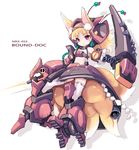  animal_ears baund_doc blonde_hair fox_ears fox_tail gundam hair_ribbon highres karukan_(monjya) mecha_musume multiple_tails pink_eyes ribbon tail zeta_gundam 