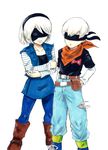  1boy 1girl android_17 android_18 blindfold blush boots breasts cosplay crossover dragon_ball dragonball_z medium_breasts nier_(series) nier_automata parody shoes short_hair smile standing traditional_media white_hair yorha_no._2_type_b yorha_no._9_type_s 