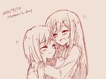  :d ^_^ blush closed_eyes commentary dated flip_flappers happy kokomine_cocona long_hair mimi_(flip_flappers) monochrome mother's_day mother_and_daughter multiple_girls open_mouth short_hair sketch smile sou_(mgn) tegaki_draw_and_tweet 