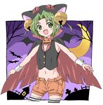  :d alternate_costume animal_hat ballpoint_pen_(medium) bell black_vest cape cat_hat cowboy_shot crescent_moon dejiko di_gi_charat fangs fujiwara_tatsuro green_eyes green_hair hair_bell hair_ornament halloween halloween_costume hat jack-o'-lantern jingle_bell moon open_mouth orange_shorts outside_border outstretched_arms popped_collar short_hair short_shorts shorts sky sleeveless smile solo spread_arms thighhighs traditional_media vest wrist_cuffs 