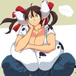  animal_humanoid big_breasts bovine breasts brown_hair cleavage clothed clothing cow_humanoid cow_print female hair hair_ribbon hataraki_ari horn huge_breasts humanoid hyper hyper_breasts jeans mammal pants ribbons shirt short_hair sitting solo sukimi_(hataraki) yellow_eyes 