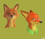  2016 bust_portrait canine clothing disembodied_head disney fox fur green_background green_eyes half-closed_eyes hi_res looking_at_viewer mammal necktie nick_wilde orange_fur portrait shirt signature simple_background smile smug t-shirt thatotherwhaleoil zootopia 