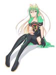 ahoge animal_ears atalanta_(fate) black_gloves boots breasts cat_ears cleavage fate/apocrypha fate/grand_order fate_(series) gloves green_eyes green_hair highres kino_(kino_511) long_hair multicolored_hair patting_lap single_glove sketch small_breasts smile solo thigh_boots thighhighs thighs white_background 