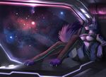  2018 4_toes 5_fingers angiewolf anthro breasts canine claws clothed clothing detailed_background digital_drawing_(artwork) digital_media_(artwork) digitigrade female green_eyes hair inner_ear_fluff inside looking_out_window mammal purple_hair reclining smile solo space spacecraft star toe_claws toes under_boob vehicle window wolf 