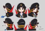  bangs black_cape blue_sailor_collar blunt_bangs brown_eyes brown_hair cape closed_mouth commentary_request dated frown grey_background hat highres kill_la_kill leaf looking_at_viewer looking_to_the_side mankanshoku_mako mouth_hold multiple_views official_art open_mouth peaked_cap sailor_collar school_uniform serafuku shirt short_hair simple_background sushio white_shirt 