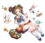  :o absurdres blush brown_hair bunny chestnut_mouth chopsticks cookie cup dual_wielding earrings food full_body hanbok highres holding jewelry korean_clothes left-handed looking_at_viewer monet930 navel original petals red_eyes short_sleeves short_twintails sitting solo teapot traditional_clothes twintails white_footwear 