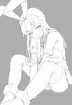  anchor ankle_boots armpits bangs bare_shoulders between_legs boots bow closed_mouth crop_top elbow_gloves eyebrows_visible_through_hair feet_out_of_frame gloves grey_background greyscale hair_bow hair_ornament hairband hand_between_legs head_tilt highres kantai_collection long_hair looking_at_viewer monochrome panties pantyshot pantyshot_(sitting) school_uniform serafuku shimakaze_(kantai_collection) simple_background sitting solo striped striped_legwear thighhighs tim_loechner underwear 