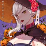  black_cape black_hat breasts brown_eyes cape earrings flower hat hat_flower highres jack-o'-lantern jewelry large_breasts league_of_legends lips lipstick looking_at_viewer makeup medium_hair meowlian parted_lips solo upper_body white_hair 