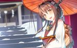  :d blurry blurry_background blush brown_hair commentary_request depth_of_field eyebrows_visible_through_hair flower hair_flower hair_intakes hair_ornament head_tilt headgear japanese_clothes kantai_collection kimono long_hair long_sleeves looking_at_viewer obi open_mouth orange_umbrella oriental_umbrella outdoors pallad red_eyes sash shrine smile snow solo stairs umbrella white_kimono yamato_(kantai_collection) 