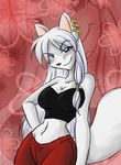  2008 anthro black_nose blue_eyes blush breasts canine cherushi cleavage clothed clothing ear_piercing female fur hair kumori_(cheru) mammal midriff navel piercing solo white_fur white_hair wolf 