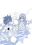  1girl abs blush breasts clenched_teeth covering covering_breasts fairy_tail frown gray_fullbuster juvia_lockser large_breasts mashima_hiro mixed_bathing monochrome muscle nude onsen partially_submerged pectorals sitting smile spiked_hair steam tattoo teeth water wet 