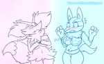  2018 anthro big_breasts blue-rum blush bra braixen breasts canine clothed clothing digital_media_(artwork) female lucario mammal nintendo nipples nude pok&eacute;mon pok&eacute;mon_(species) simple_background text underwear video_games 