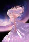  bangs closed_mouth commentary dress dutch_angle eyebrows_visible_through_hair floating_hair from_below hair_between_eyes highres jname long_hair looking_at_viewer looking_down night night_sky original purple_eyes sky solo star_(sky) starry_sky white_dress 