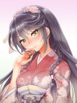  black_hair blush folks_(nabokof) japanese_clothes kimono long_hair looking_at_viewer simple_background solo tales_of_(series) tales_of_berseria velvet_crowe white_background yellow_eyes 